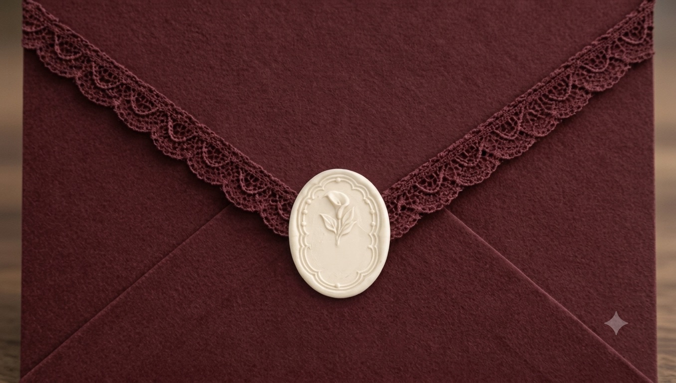 A burgundy envelope with a lace-trimmed flap, closed with an ivory wax seal